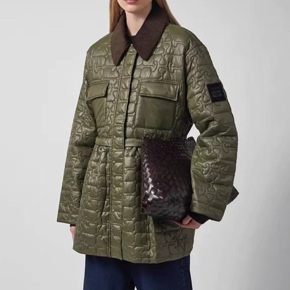 Ganni NWOT Quilt Midi Jacket Dark Green - Picture 2 of 14